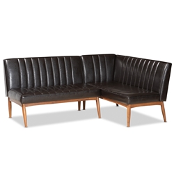 Baxton Studio Daymond Mid-Century Modern Dark Brown Faux Leather Upholstered and Walnut Brown Finished Wood 2-Piece Dining Nook Banquette Set